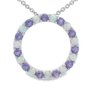 Created Opal Natural Amethyst Circle Pendant Necklace 18 inches Sterling Silver